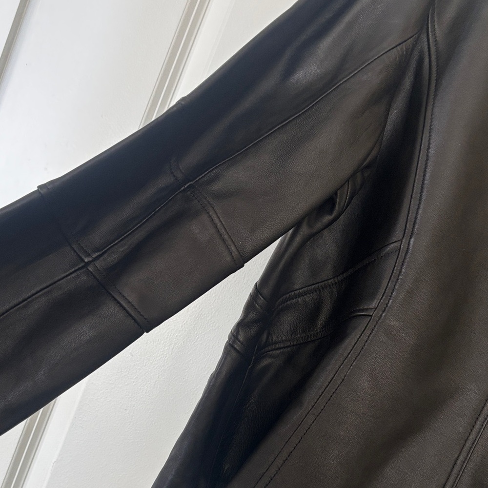 Elie Tahari Black Leather Jacket with Yellow Accents - Picture 5 of 6